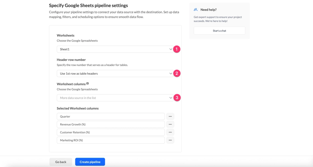 Pipeline configuration screen
