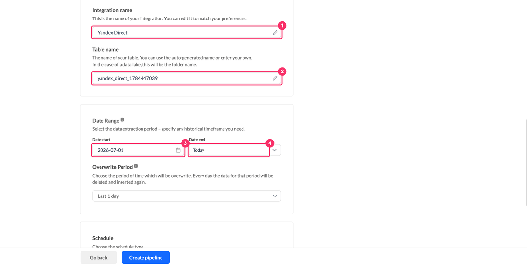 Имя интеграции, имя таблицы и диапазон дат Yandex Direct
