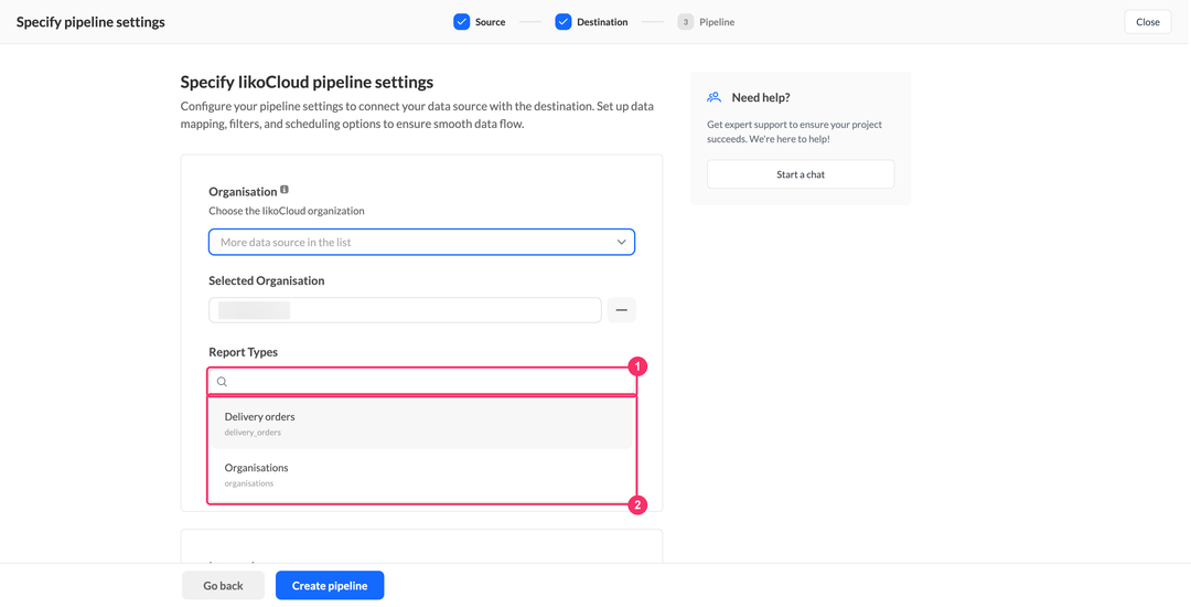 Report Types dropdown of an IikoCloud pipeline