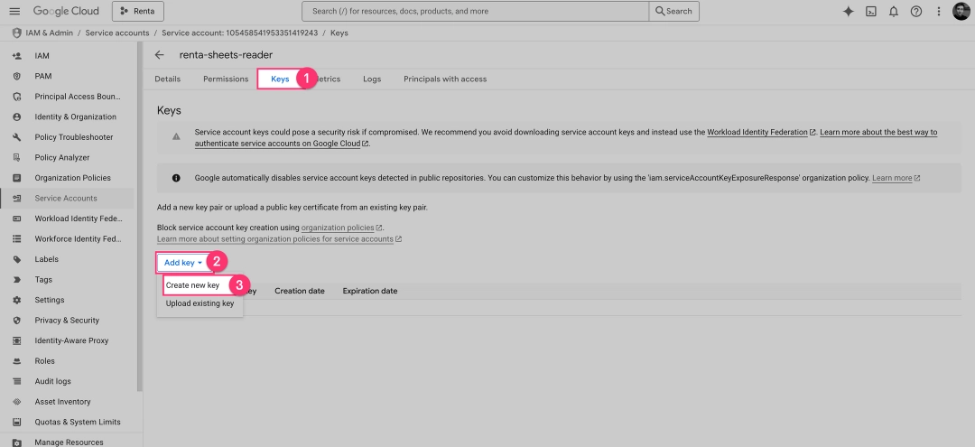 Create Service Account Key