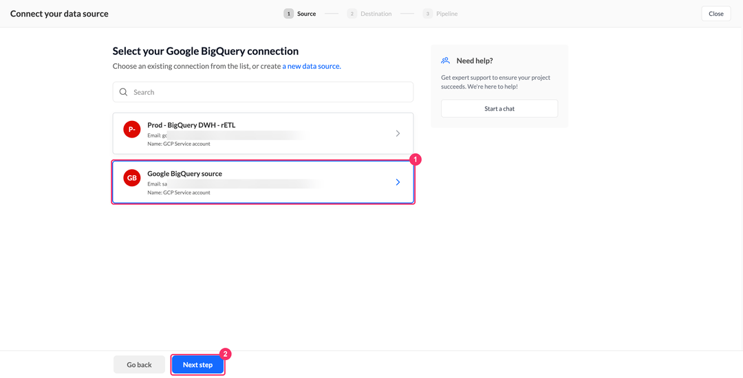 Select your Google BigQuery connection step with the service account email on the connection card