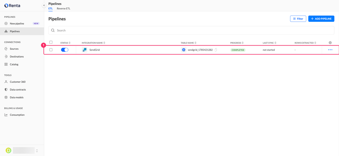 Pipelines list with the new SendGrid integration in the Completed status