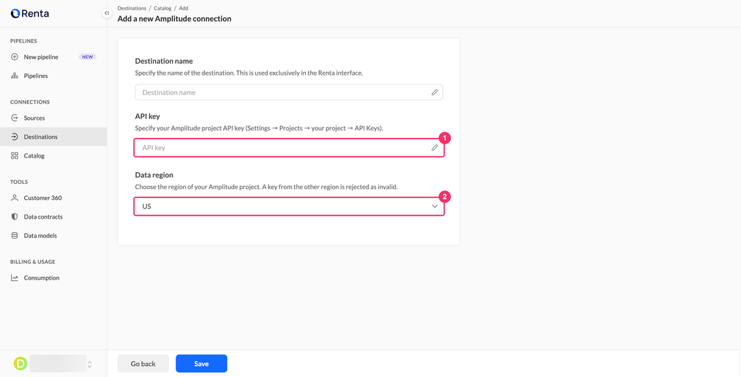 Add a new Amplitude connection page with the API key field and the Data region dropdown