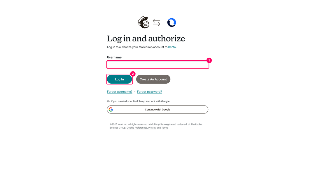 Mailchimp Log in and authorize page with the Username field and the Log In button