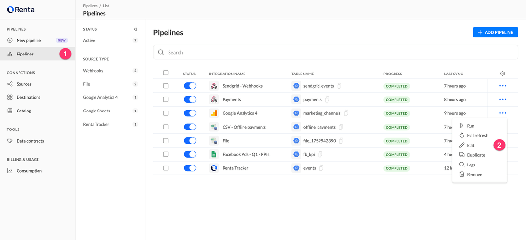 Откройте настройки пайплайна