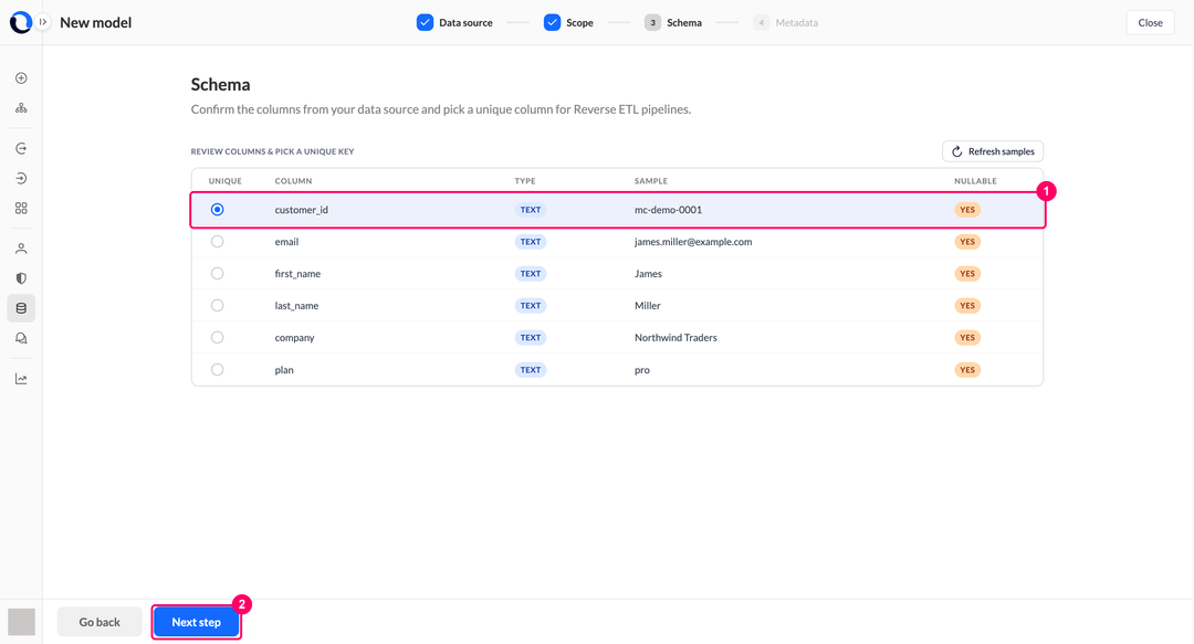 Schema step with the column list and the unique key selected on the customer_id column