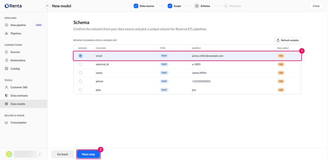 Шаг Schema со списком колонок и уникальным ключом на колонке email