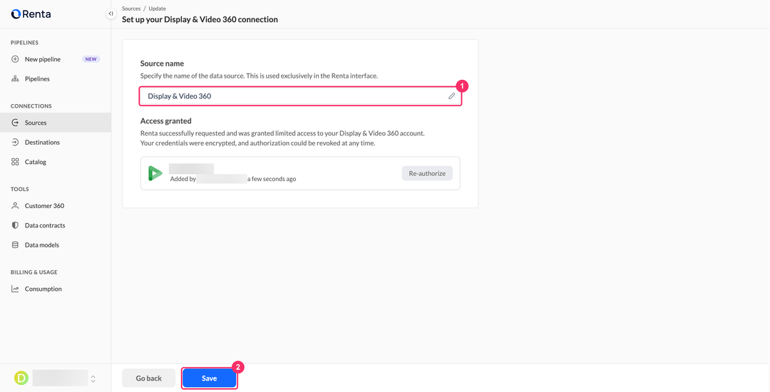 Source name field and the granted Google account on the Display & Video 360 connection form