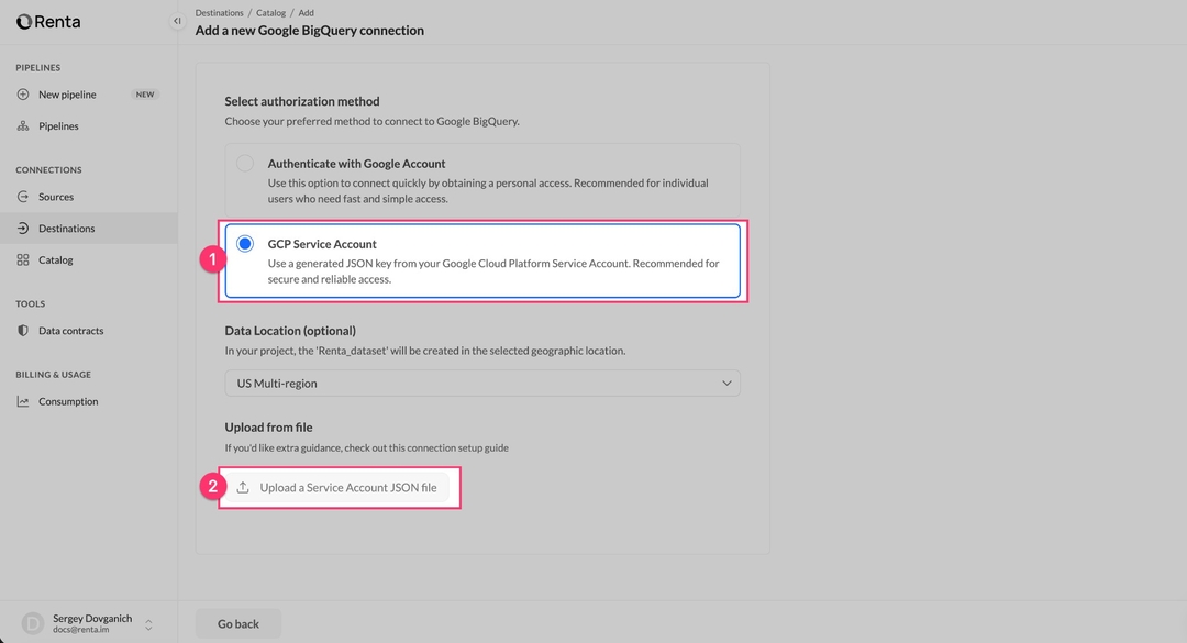Выберите авторизацию через Service Account