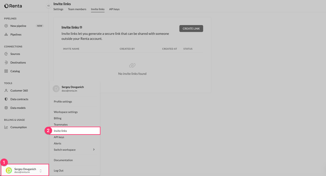 Меню профиля пользователя с выделенным пунктом Invite links