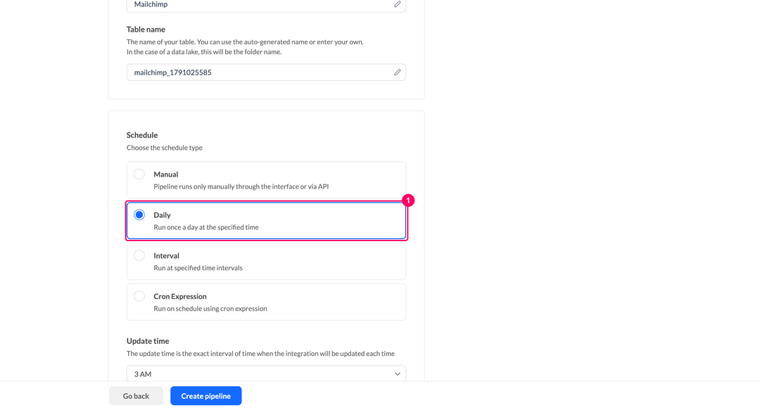 Schedule type selection for the Mailchimp pipeline with the Daily option checked