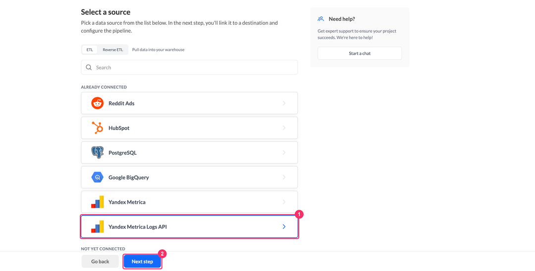 Шаг Select a source с Yandex Metrica Logs API в списке Already connected