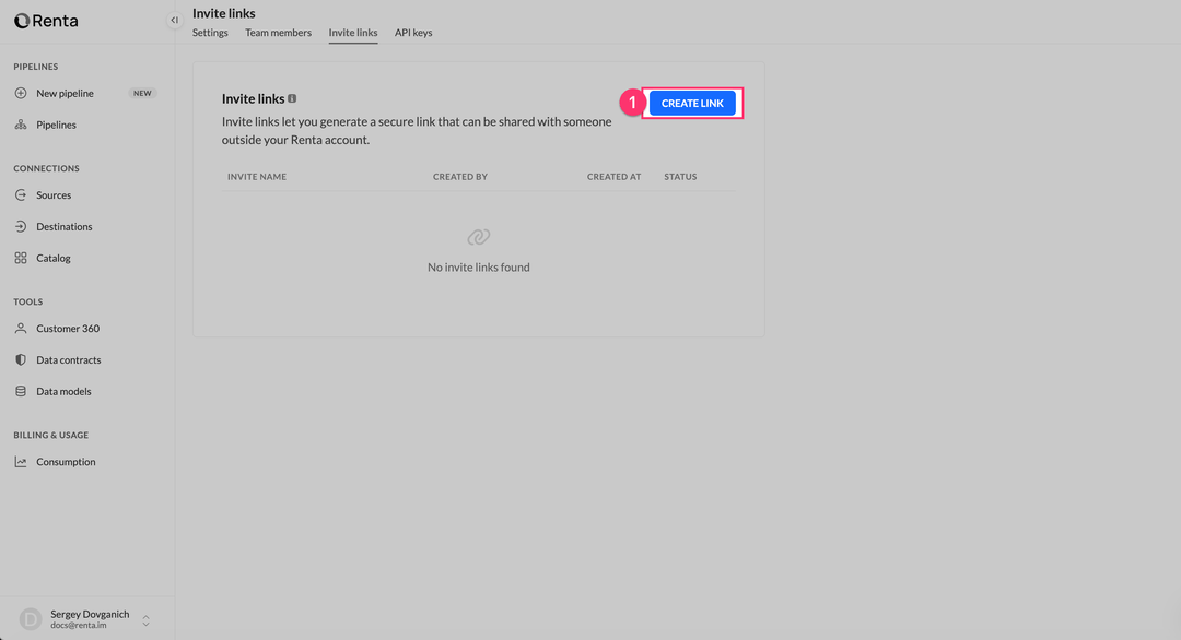 Страница Invite links с выделенной кнопкой Create link