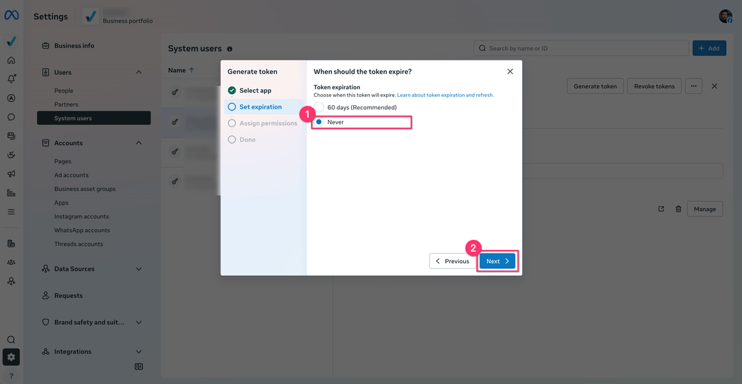 Token expiration step with the Never option selected