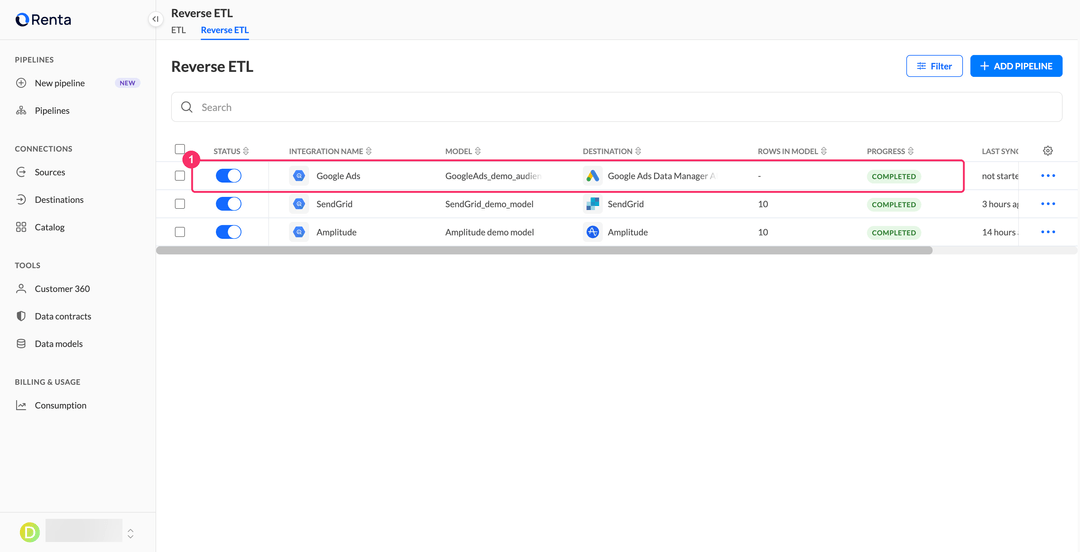 Список пайплайнов Reverse ETL с новой интеграцией Google Ads