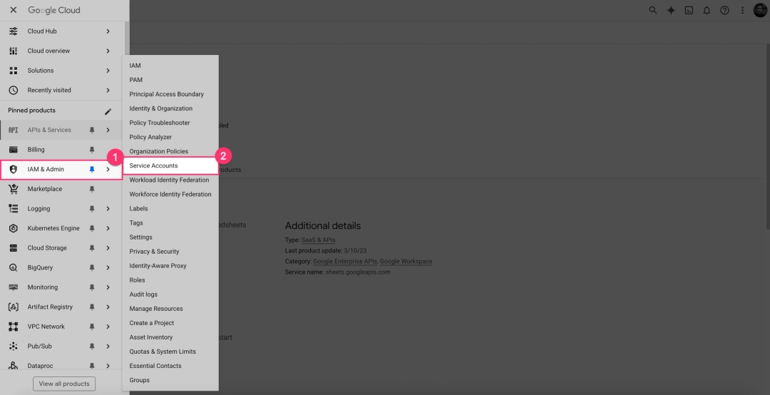 Selecting Service Accounts in GCP IAM menu