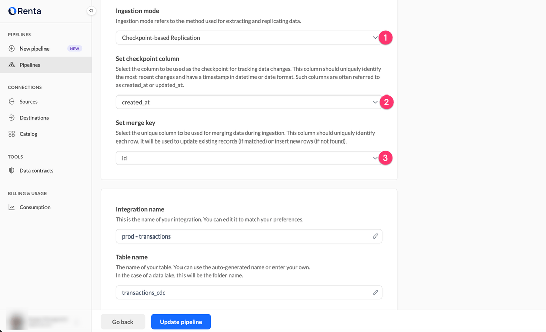 Checkpoint-based replication configuration