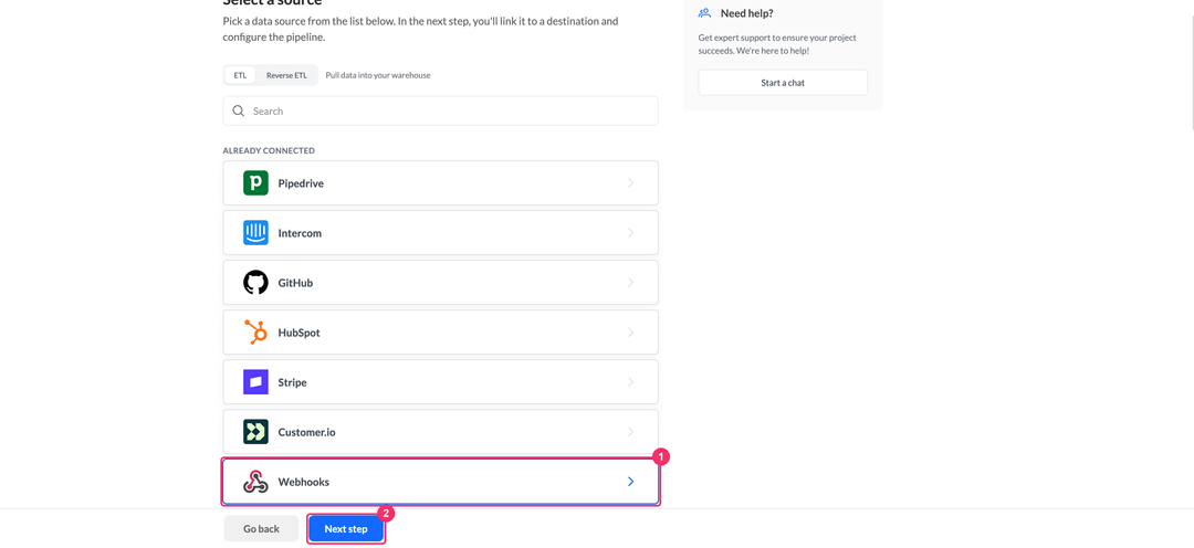 Select a source step with Webhooks under Already connected