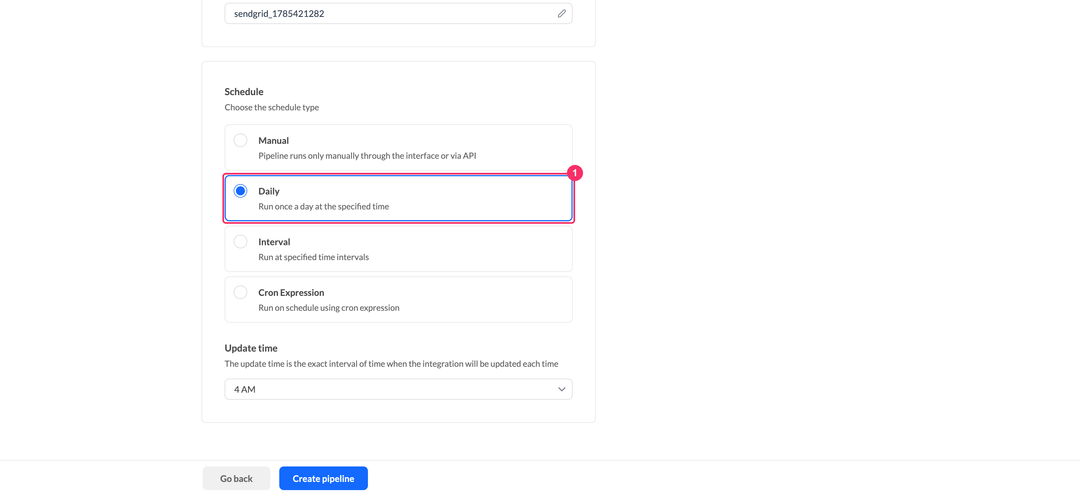 SendGrid schedule type selection with the Daily option checked