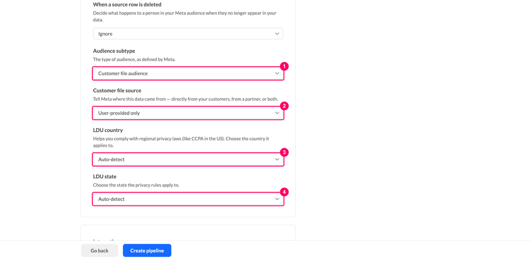Audience subtype, customer file source, and Limited Data Use settings