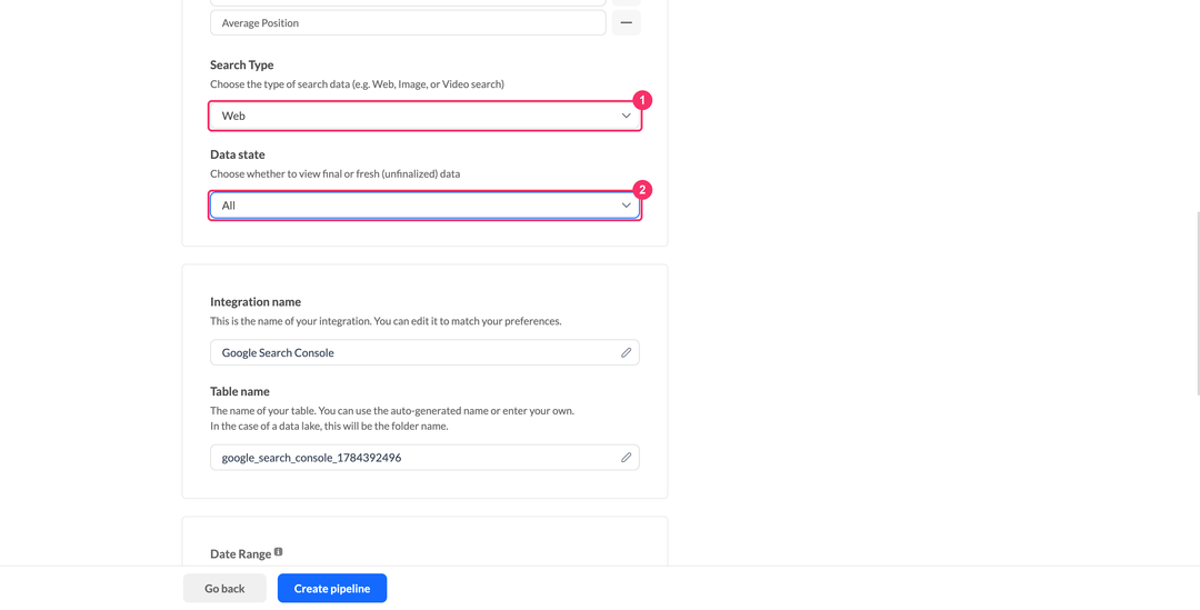 Google Search Console search type and data state selection with integration and table names