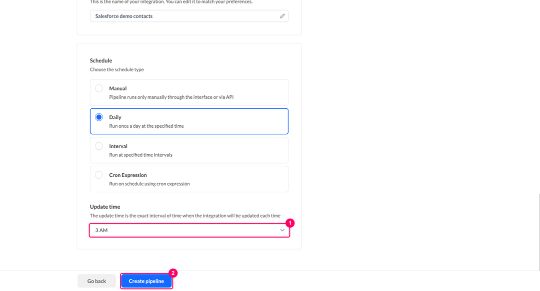 Выбор времени обновления и кнопка Create pipeline