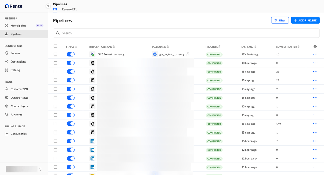 Список пайплайнов с новой интеграцией и именем её папки в Google Cloud Storage