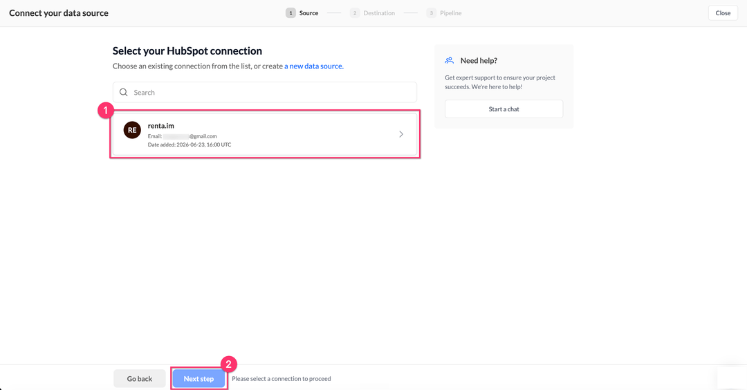 Select your HubSpot connection step