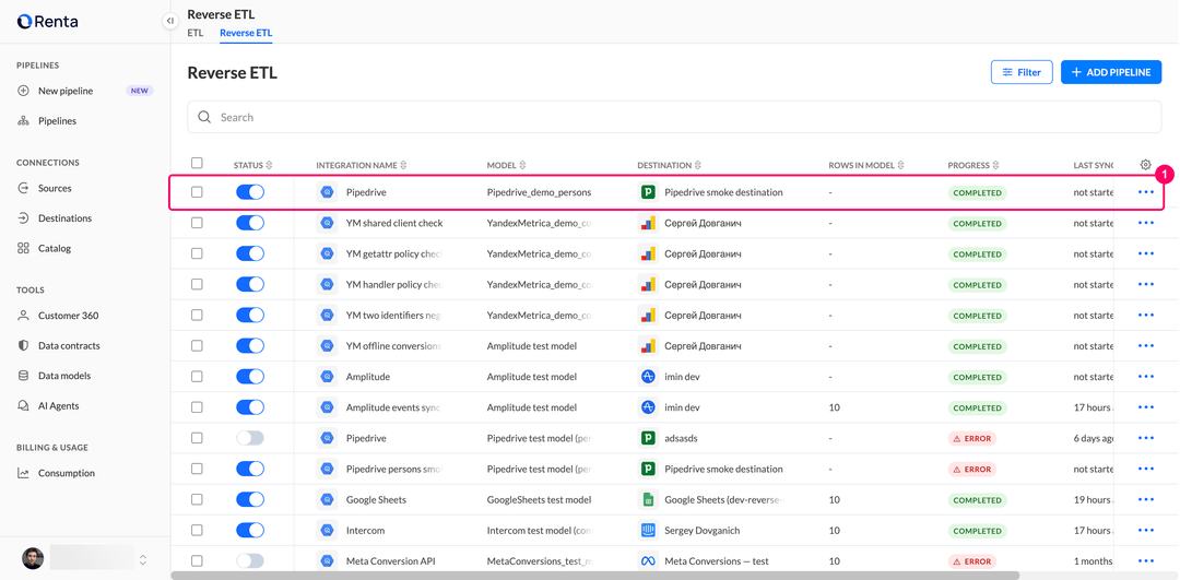 Список пайплайнов Reverse ETL с новой интеграцией Pipedrive