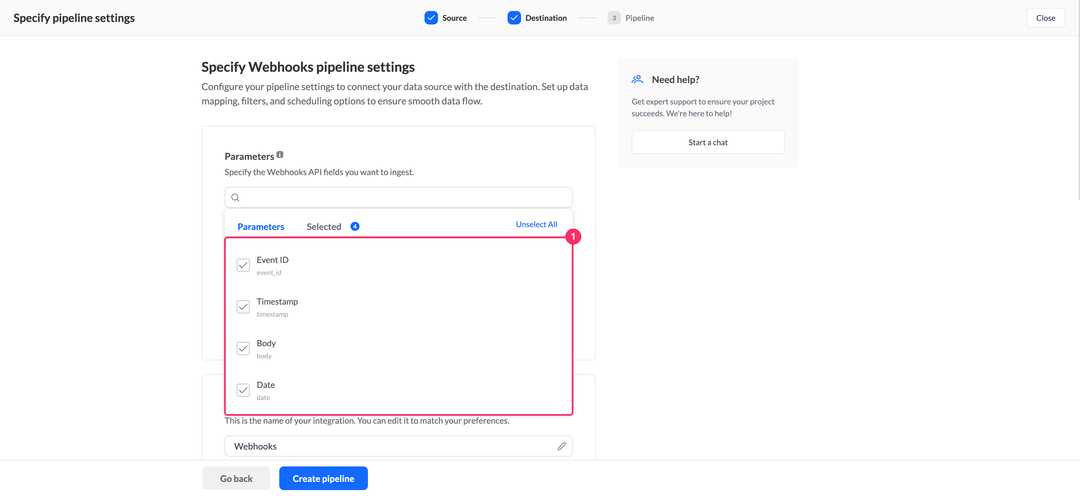 Webhooks parameters picker with the Event ID, Timestamp, Body, and Date fields selected