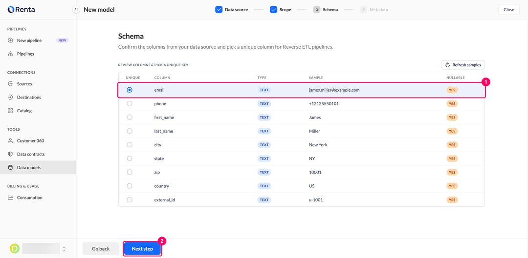Schema step with the column list and the unique key selected on the email column