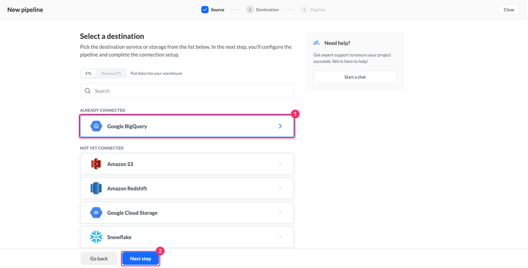 Select a destination step with Google BigQuery under Already connected and other warehouses below