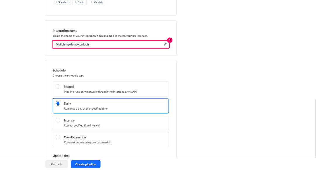 Integration name field in the Mailchimp pipeline settings