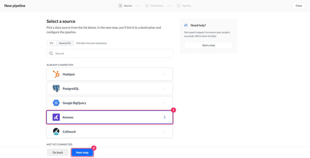 Select a source step with Kommo under Already connected
