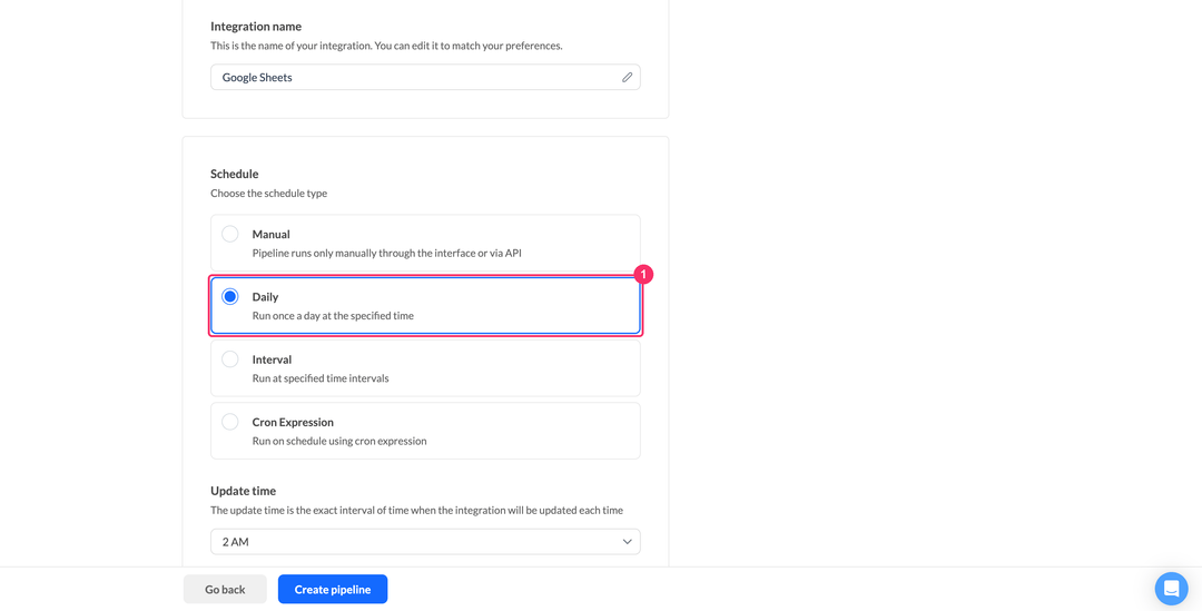 Выбор типа расписания для пайплайна Google Sheets