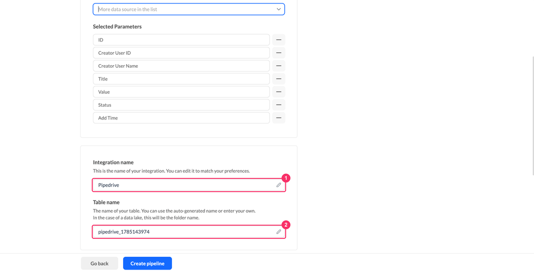 Pipedrive integration name and table name fields with the selected parameters list above