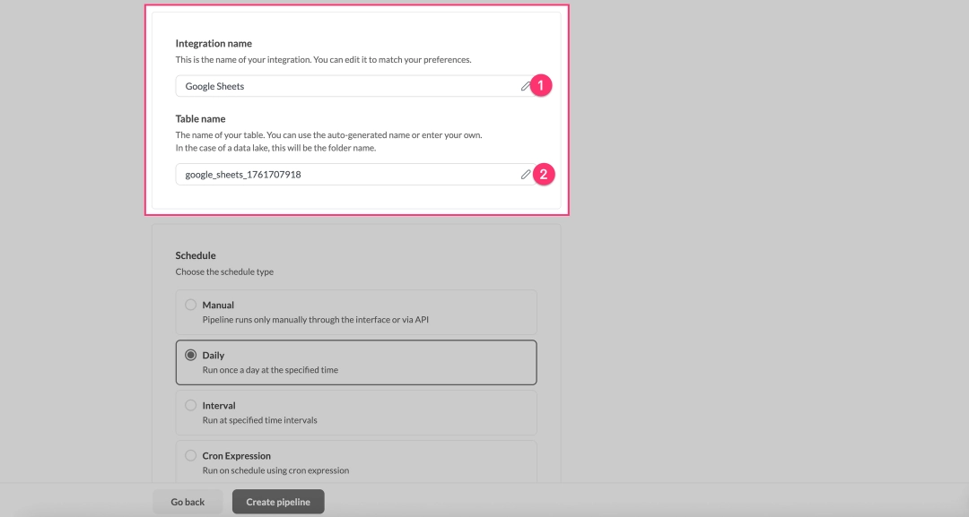 Setting the pipeline name and the target Snowflake table name