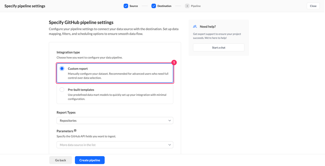 Выбор типа интеграции GitHub: Custom report и Pre-built templates