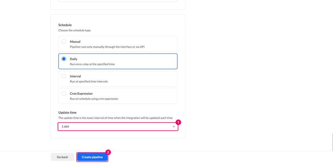 Update time dropdown and the Create pipeline button of an IikoWeb pipeline