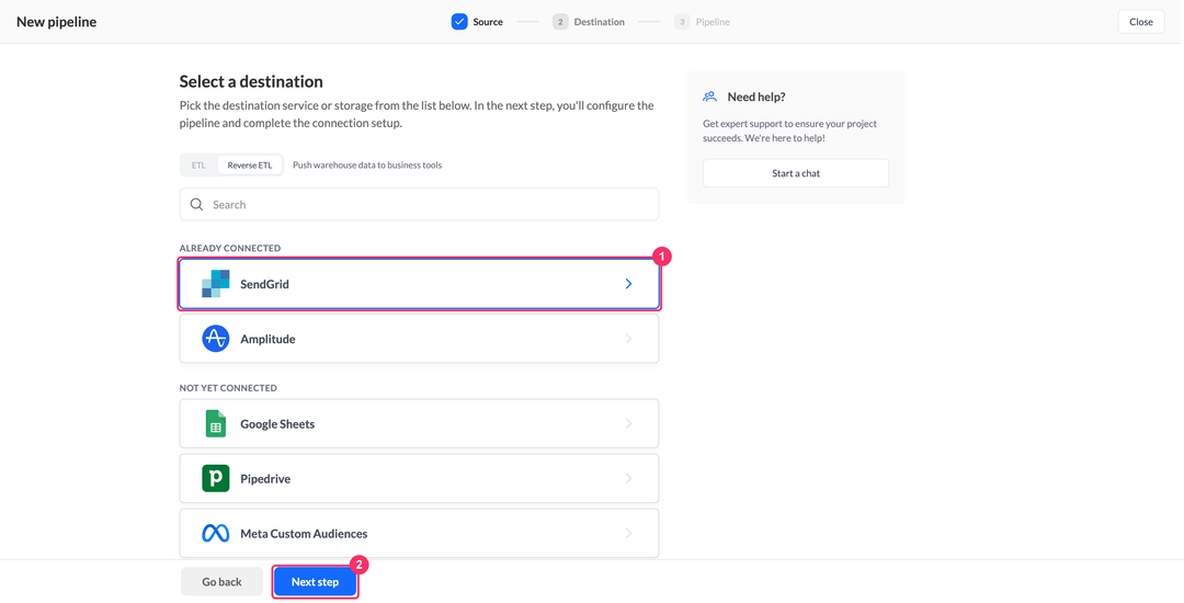 Шаг выбора назначения, SendGrid в блоке Already connected