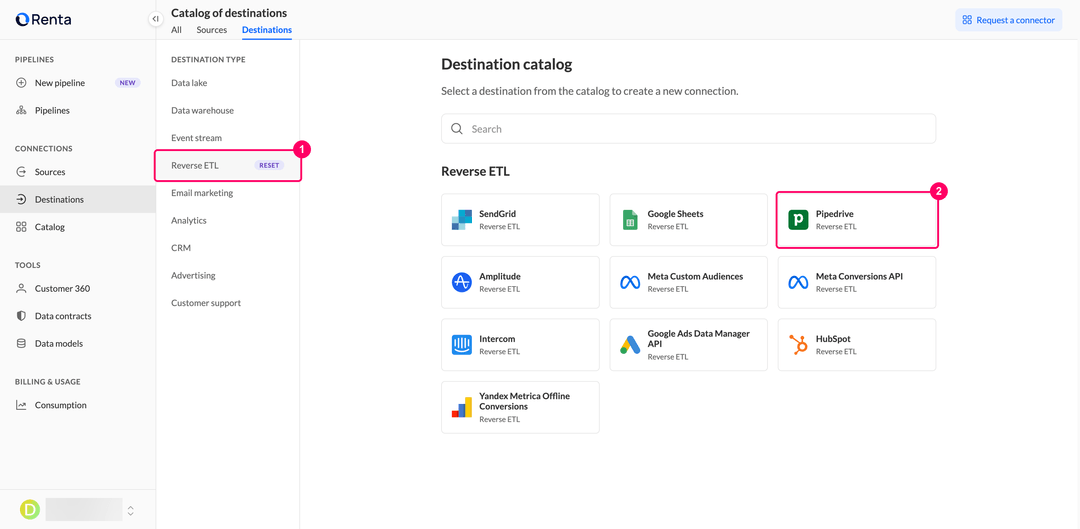 Карточка Pipedrive в категории Reverse ETL каталога назначений Renta