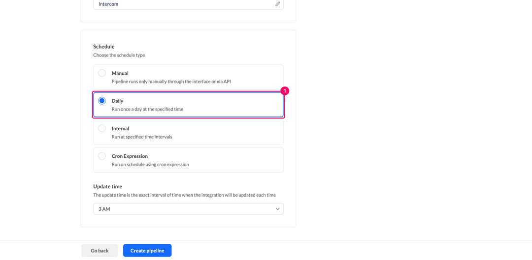 Выбор типа расписания для пайплайна Intercom