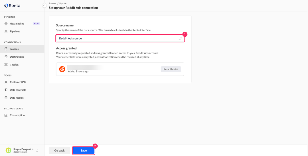 Set up your Reddit Ads connection with source name and access granted