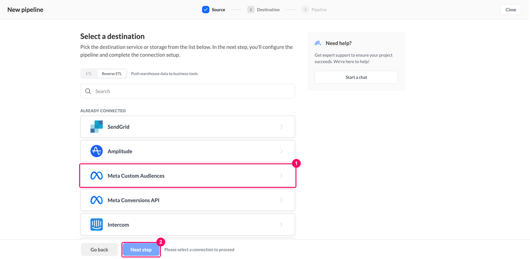 Select a destination step with Meta Custom Audiences listed under Already connected
