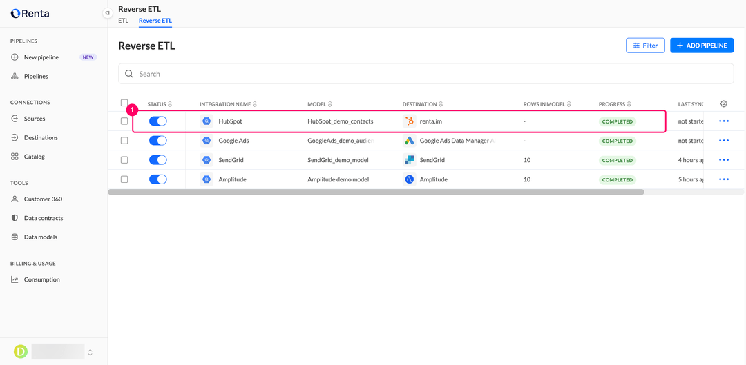 Reverse ETL pipelines list with the new HubSpot integration
