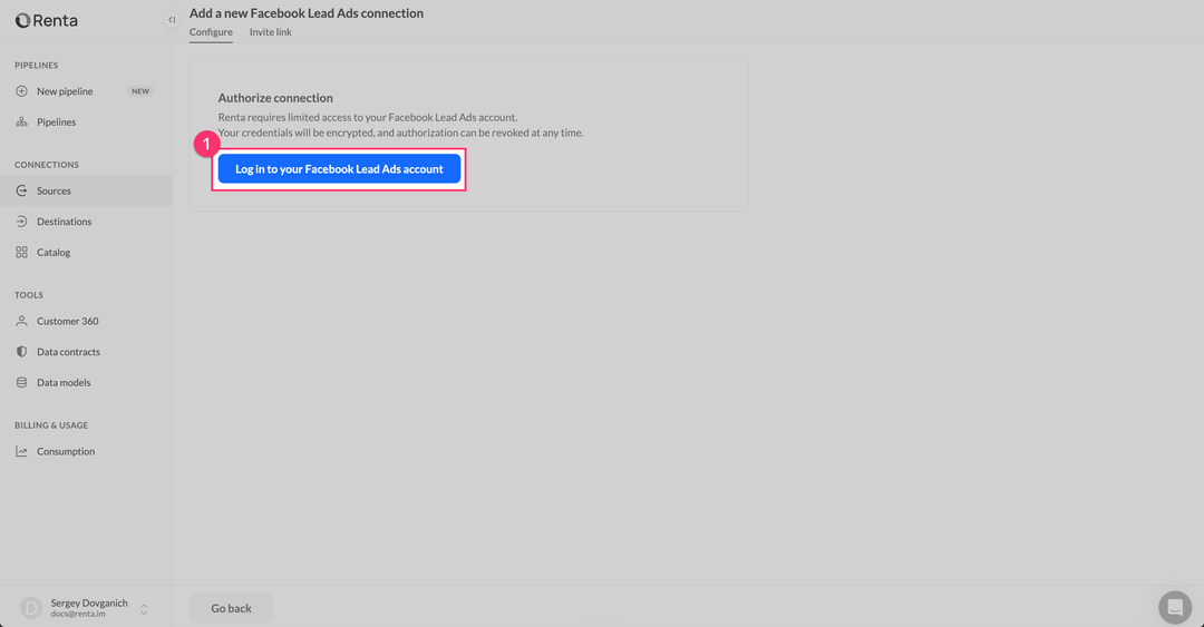 Authorize Facebook Lead Ads connection page in Renta
