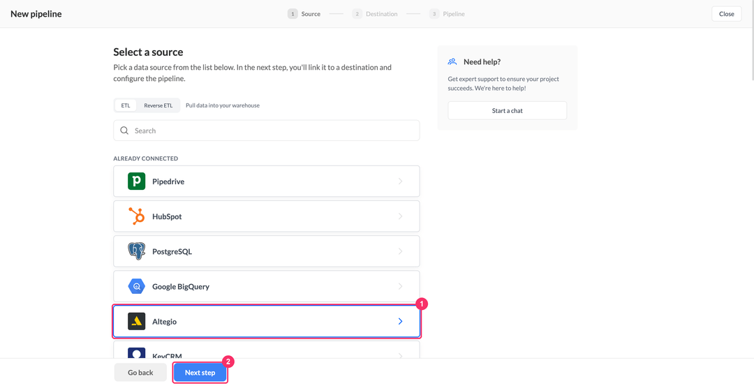Select a source step with Altegio under Already connected