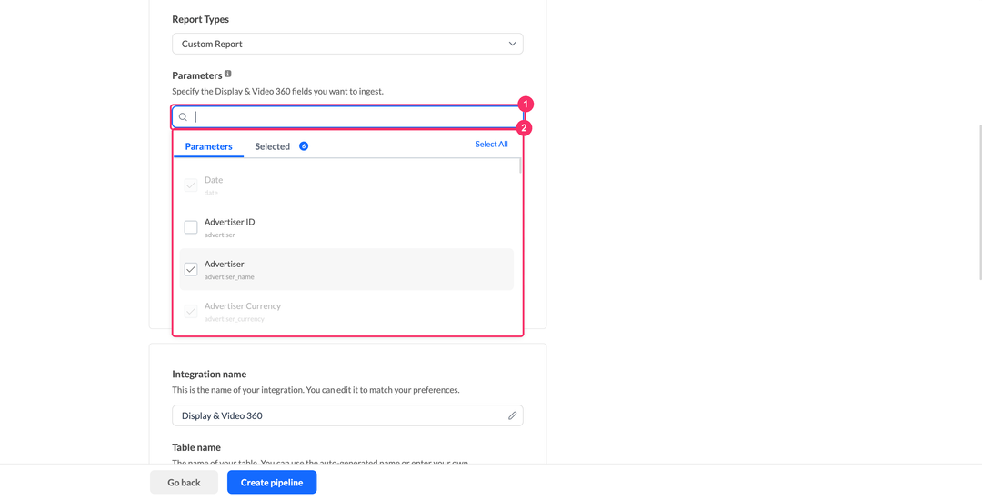 Parameters picker of a Display & Video 360 custom report with several fields checked