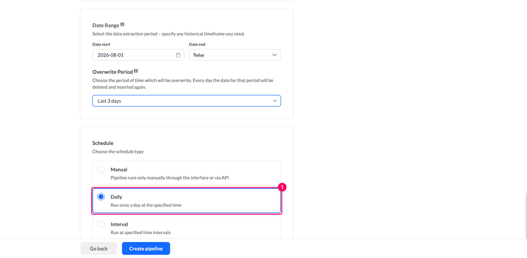 Schedule type selection of an IikoWeb pipeline with the Daily option checked