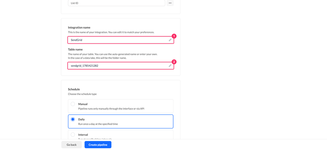 SendGrid integration name and table name fields